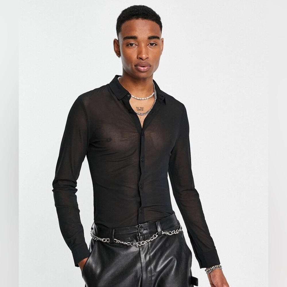 Men's Black Mesh Button-up
